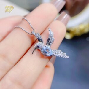 925 Sterling Silver Aquamarine Pendant Necklace Hummingbird Design