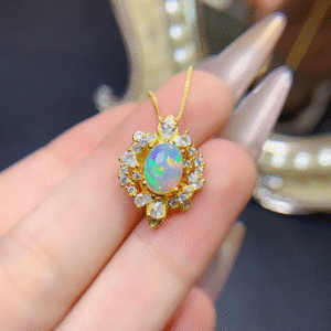 Natural Opal Necklace Silver 925 6*8mm 18K Gold Plated Colorful Fire Gemstone