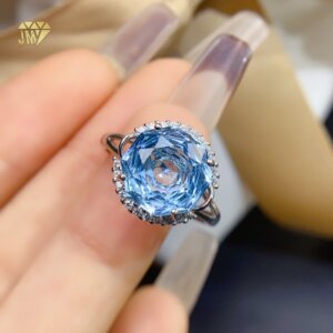 Unique Blue Topaz Ring 925 Sterling Silver Rhodium Plated Natural