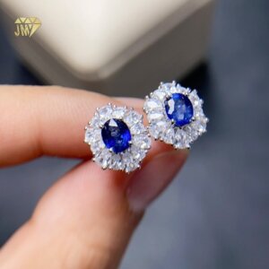 Real Sapphire Earrings Studs Natural 4*5mm Sterling Silver For Women