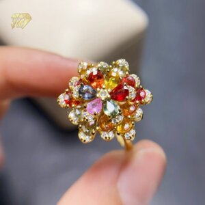 Beautiful Sapphire Rings 925 Sterling Silver Rhodium Plated Natural Multi-Color Sapphire Flower Ring