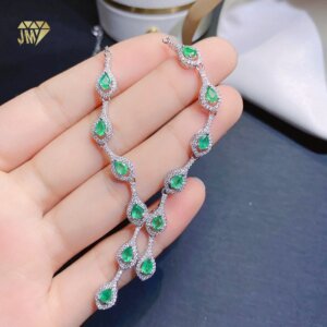 Natural Emerald Teardrop Tassel Necklace 925 Sterling Silver Rhodium Plated Diamond Accent Pendant for Women