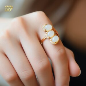 Jade Promise Ring Natural 14k Gold Plated Sterling Silver 925  3-Stone Oval Cabochon Ring for Women